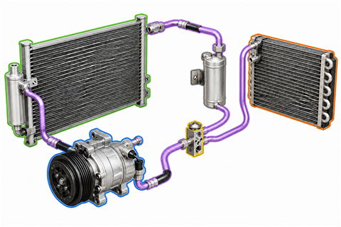 Teknisk illustration af bilens airconditionkredsløb